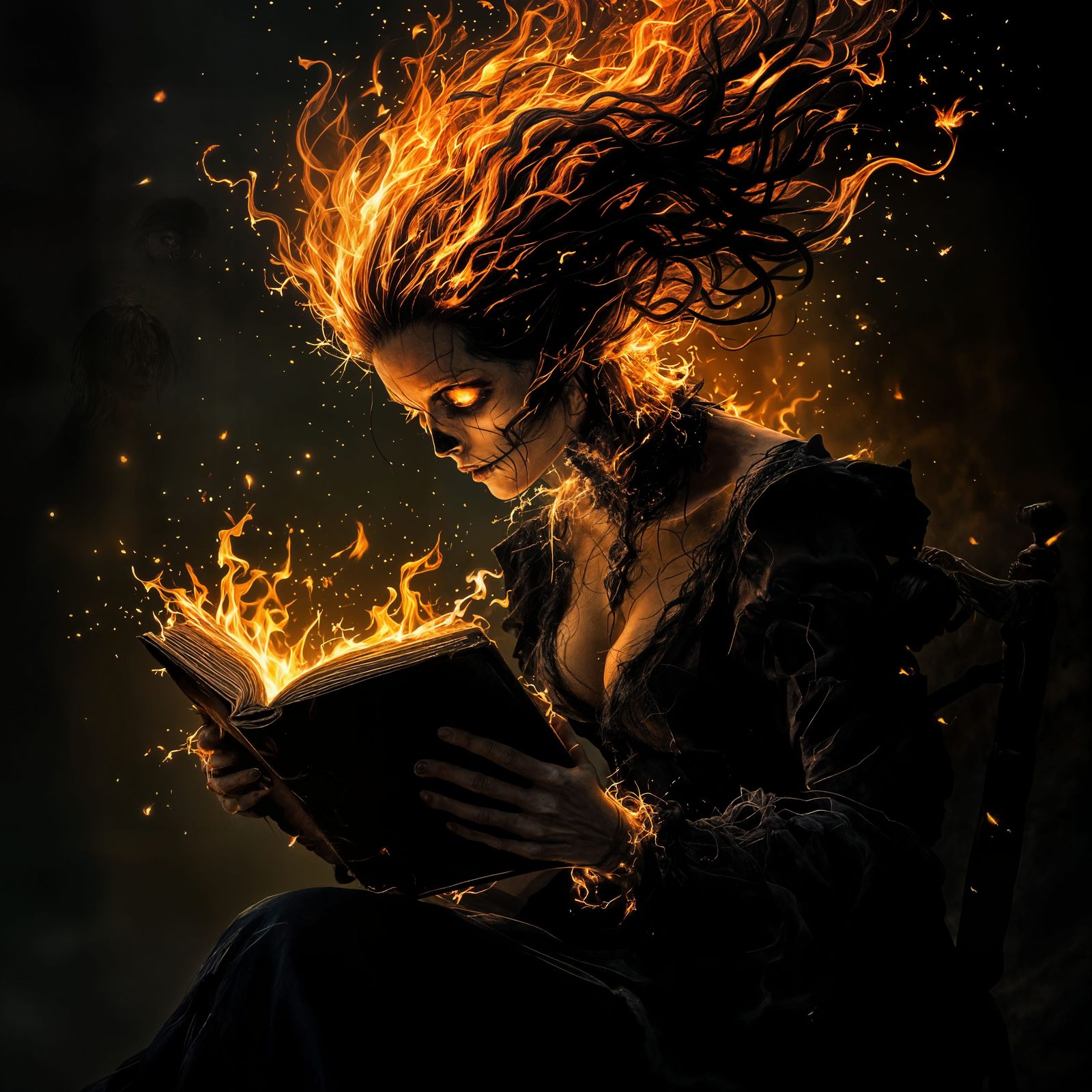 Dark Magic Sorceress Illuminated by Fiery Flames