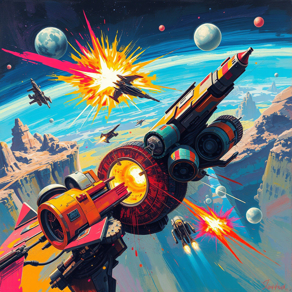Dynamic Space Battle in Graffiti Splash Art Style