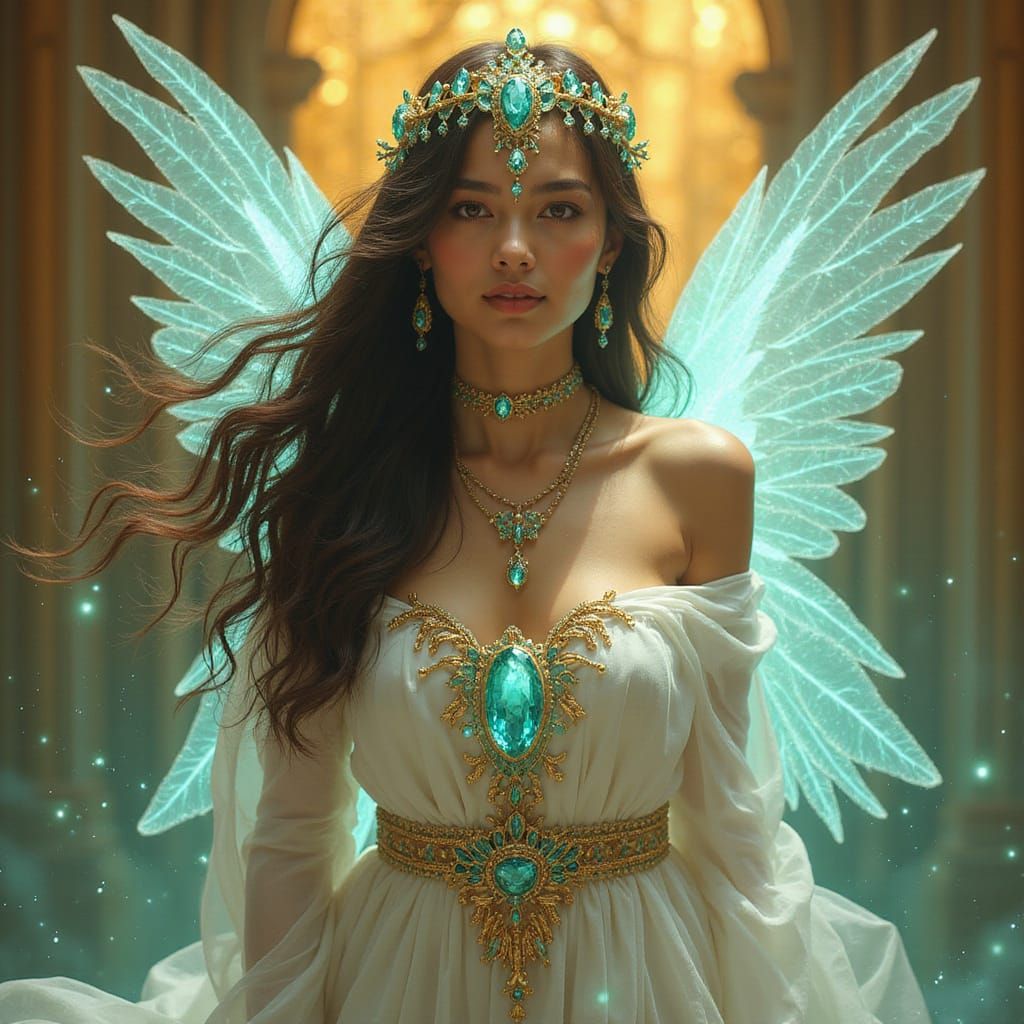 Ethereal Fae Healer with Turquoise Headdress and Translucent...