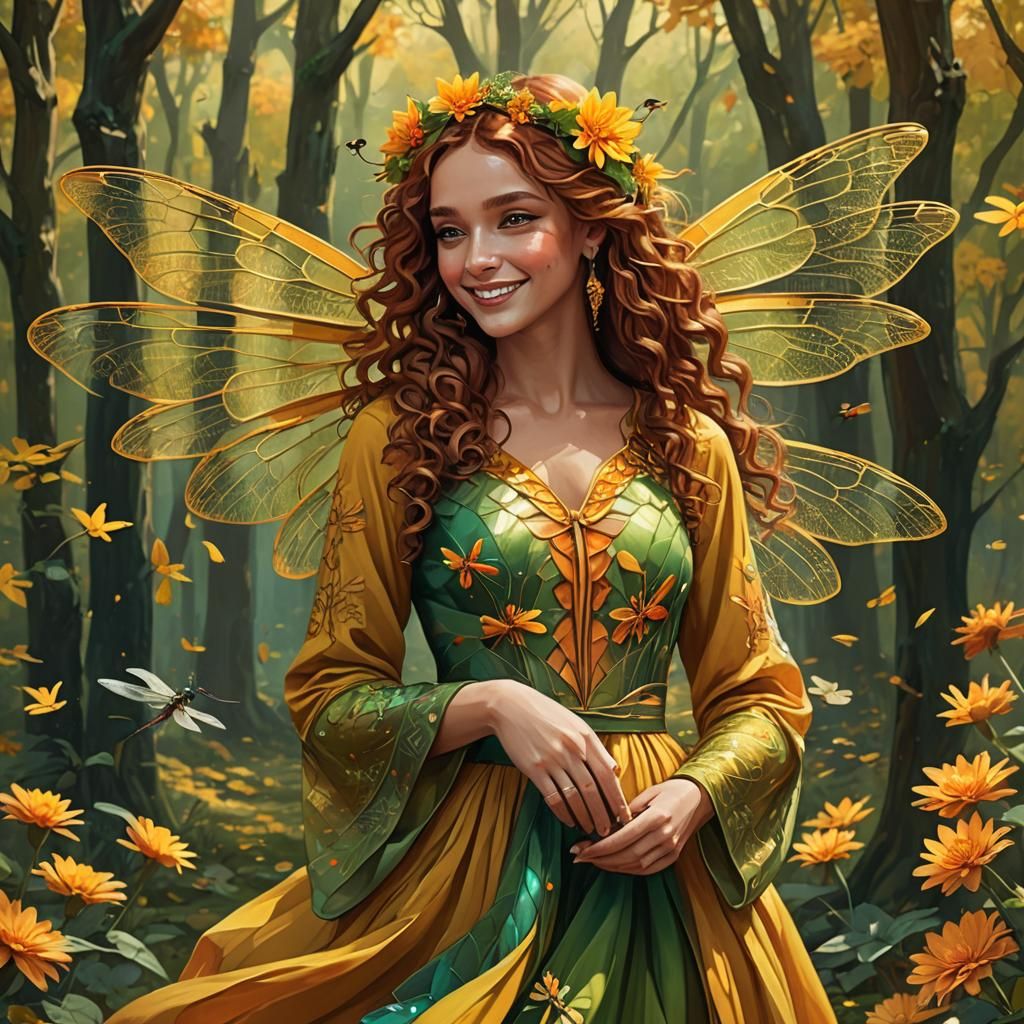 Woman with Dragonfly Wings in Autumn Forest