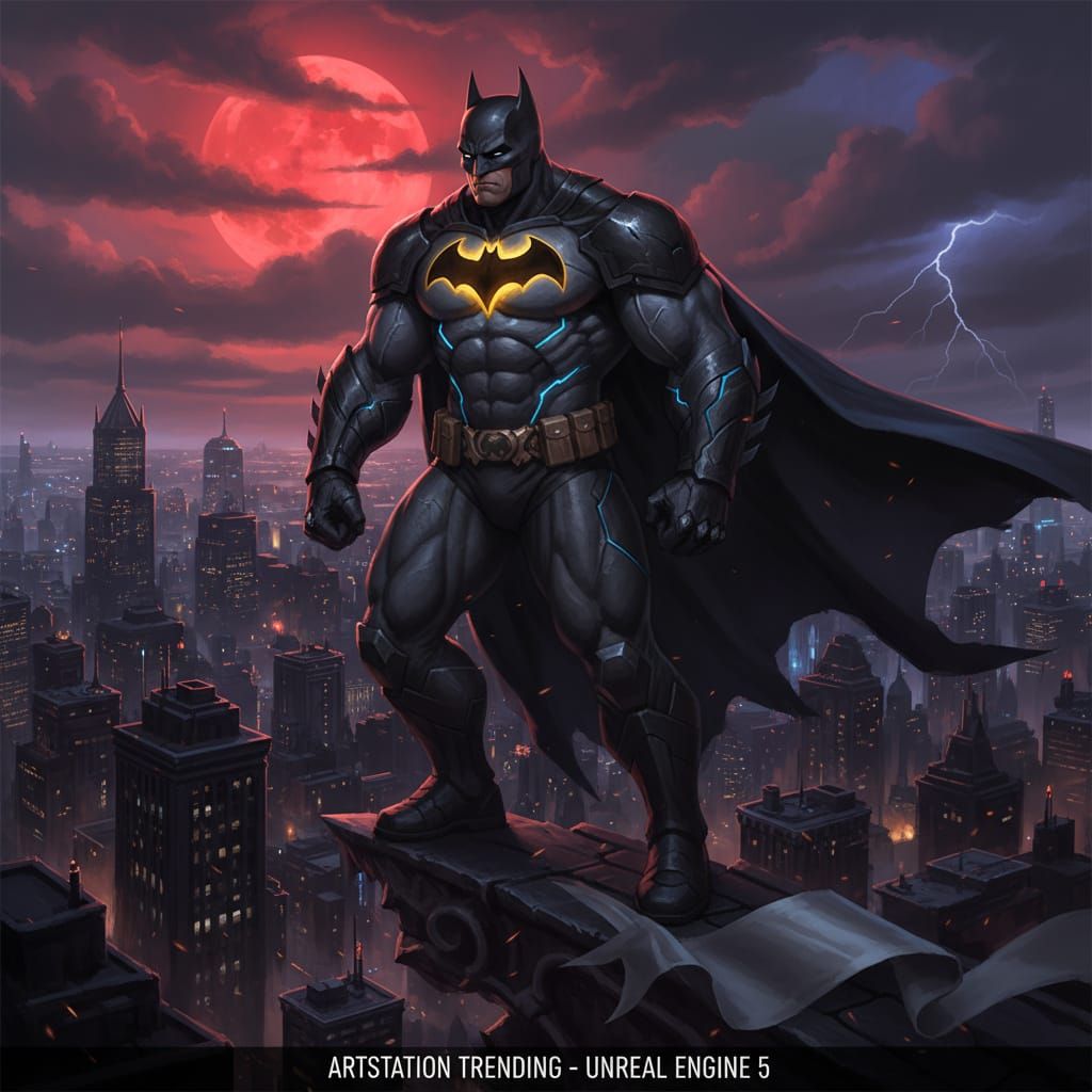 Muscular Batman in Black Armor Oversees Red Moon City