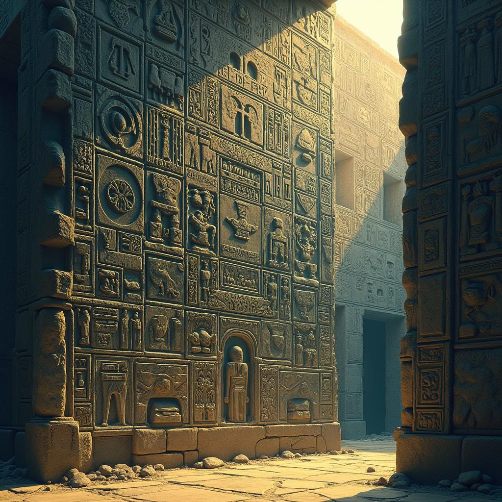 Ornate Egyptian Hieroglyphics on Ancient Stone Wall