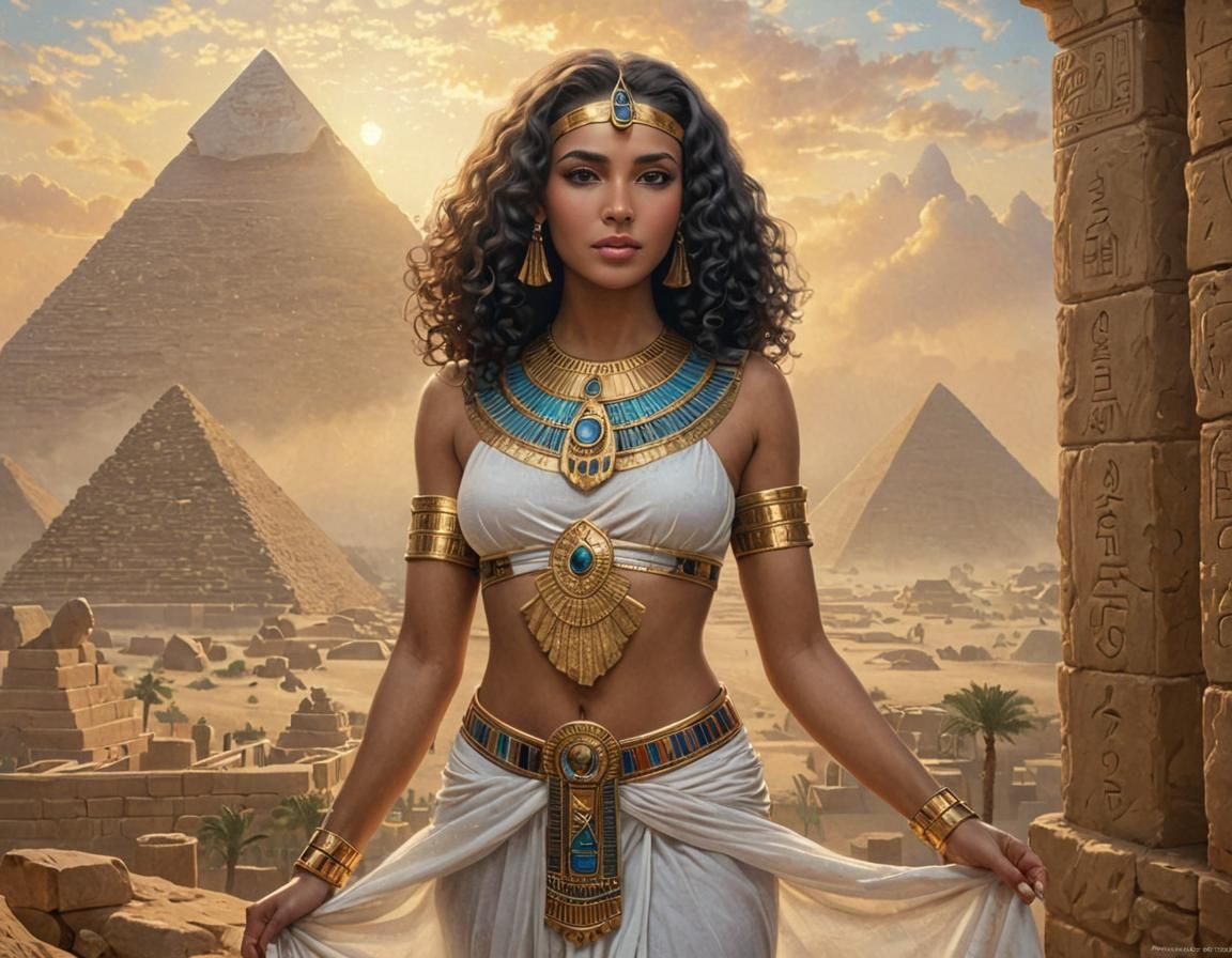 Egyptian Woman in Ancient Attire with Pyramid