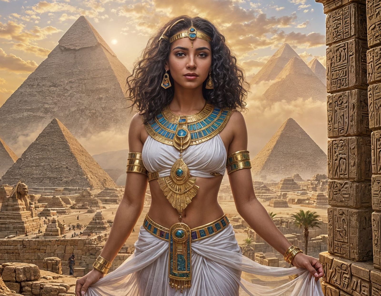 Egyptian Woman in Ancient Attire with Sphinx