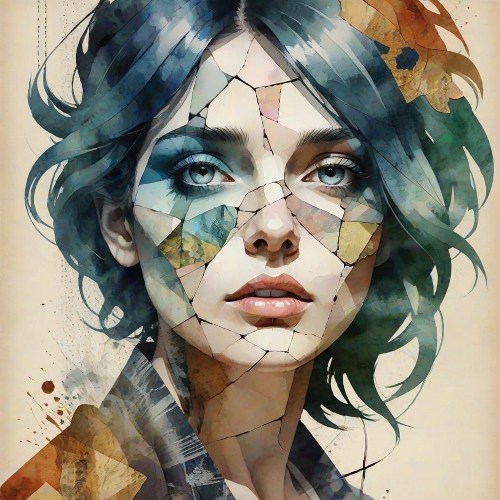 Grunge Layered Fusion, textured collage portrait, cracked watercolour, cubic deconstruction