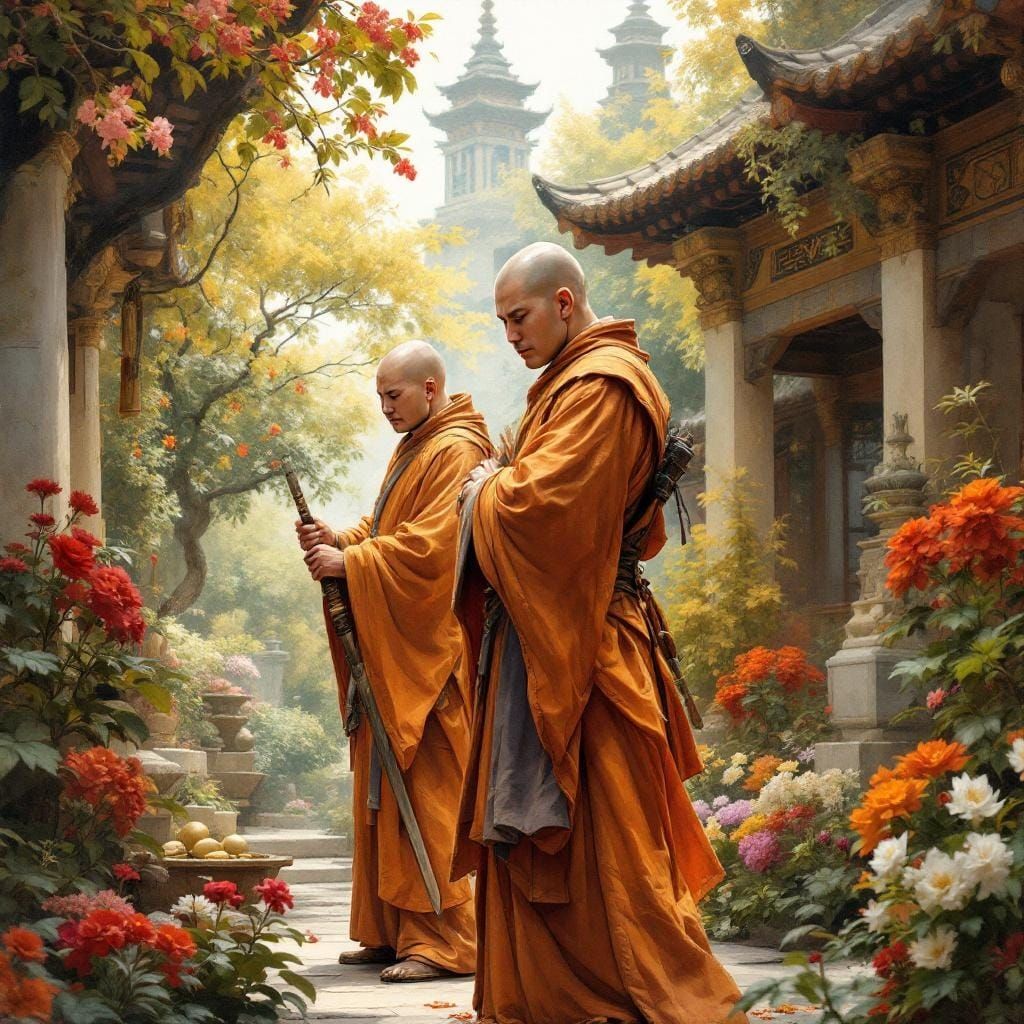 Monks Training in Garden, Gouache and Watercolor Style
