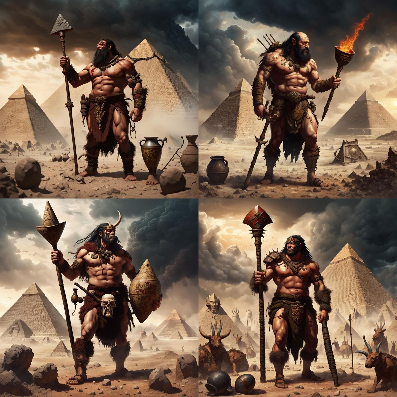 Barbarian Seeks Moses by Pyramids: Dark Fantasy Art