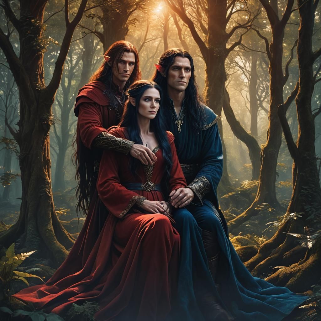 A tall male elf with very long black hair, blue eyes,wearing...