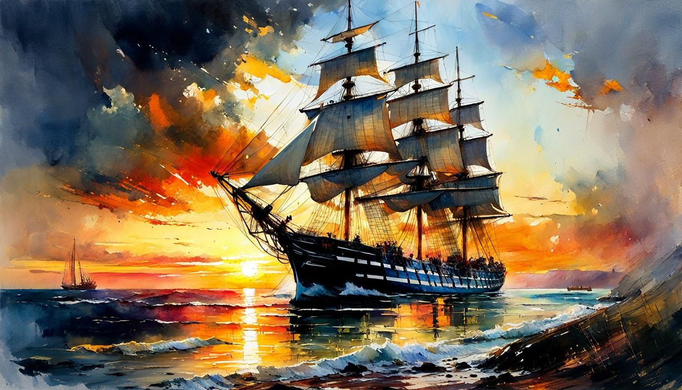Sunset Over Majestic Sailing Ship Watercolor