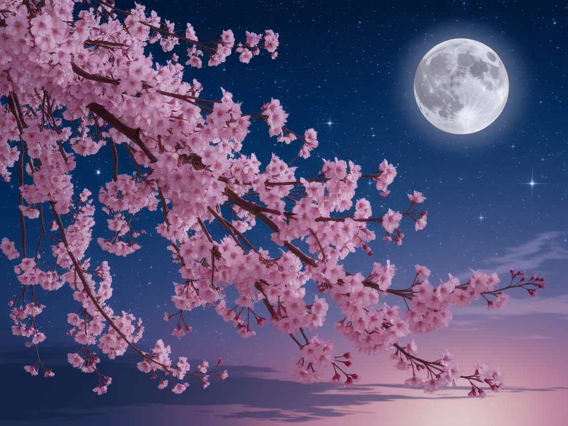 Enchanting Cherry Blossom Scene Under a Full Moon