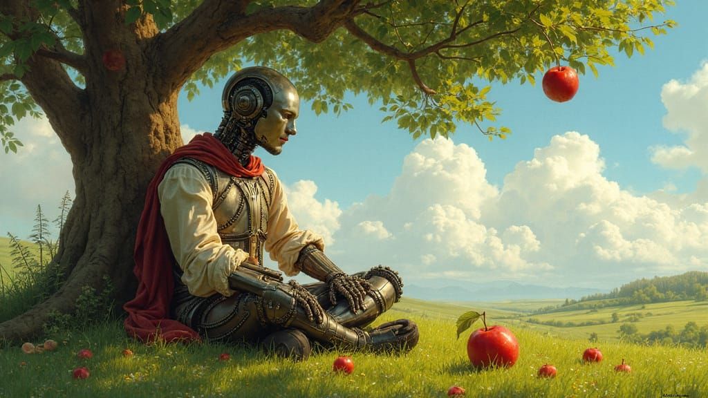 Cyborg in Renaissance Attire Contemplates an Apple