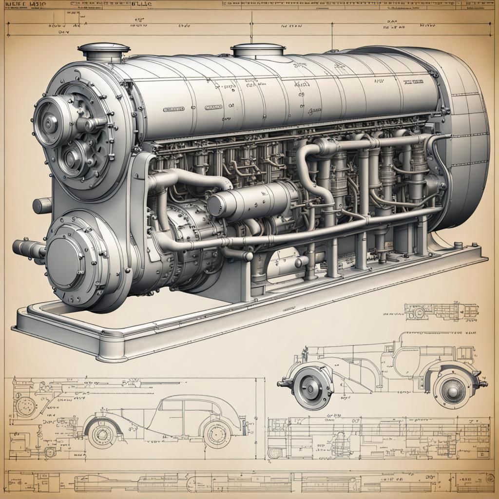 Detailed Blueprint of Napier Deltic Engine