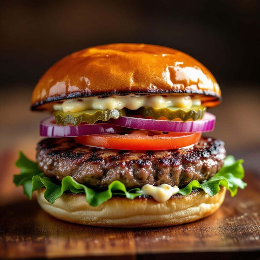 Juicy Hamburger on Brioche Bun in Culinary Photography Style