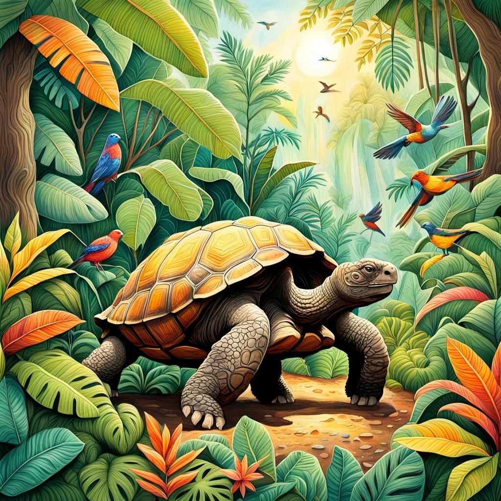 Rainforest Tortoise in Warm Colors, Pencil Sketch