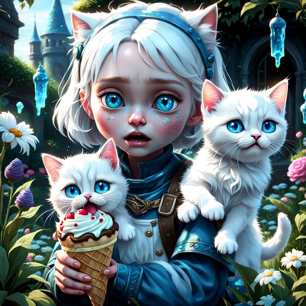 Crying Fantasy Babygirl with Kitten: Hyperdetailed Concept A...