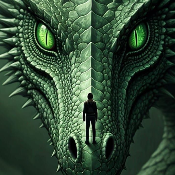 A Lone Figure on a Majestic Green Dragon's Nose