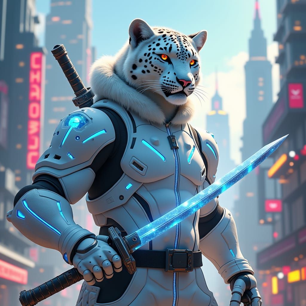 Cyberpunk Snow Leopard Guardian