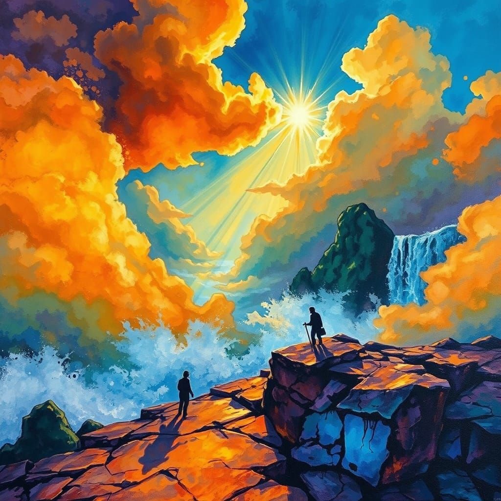 Stormy Shoreline Scene in Batik Abstract Expressionist Style