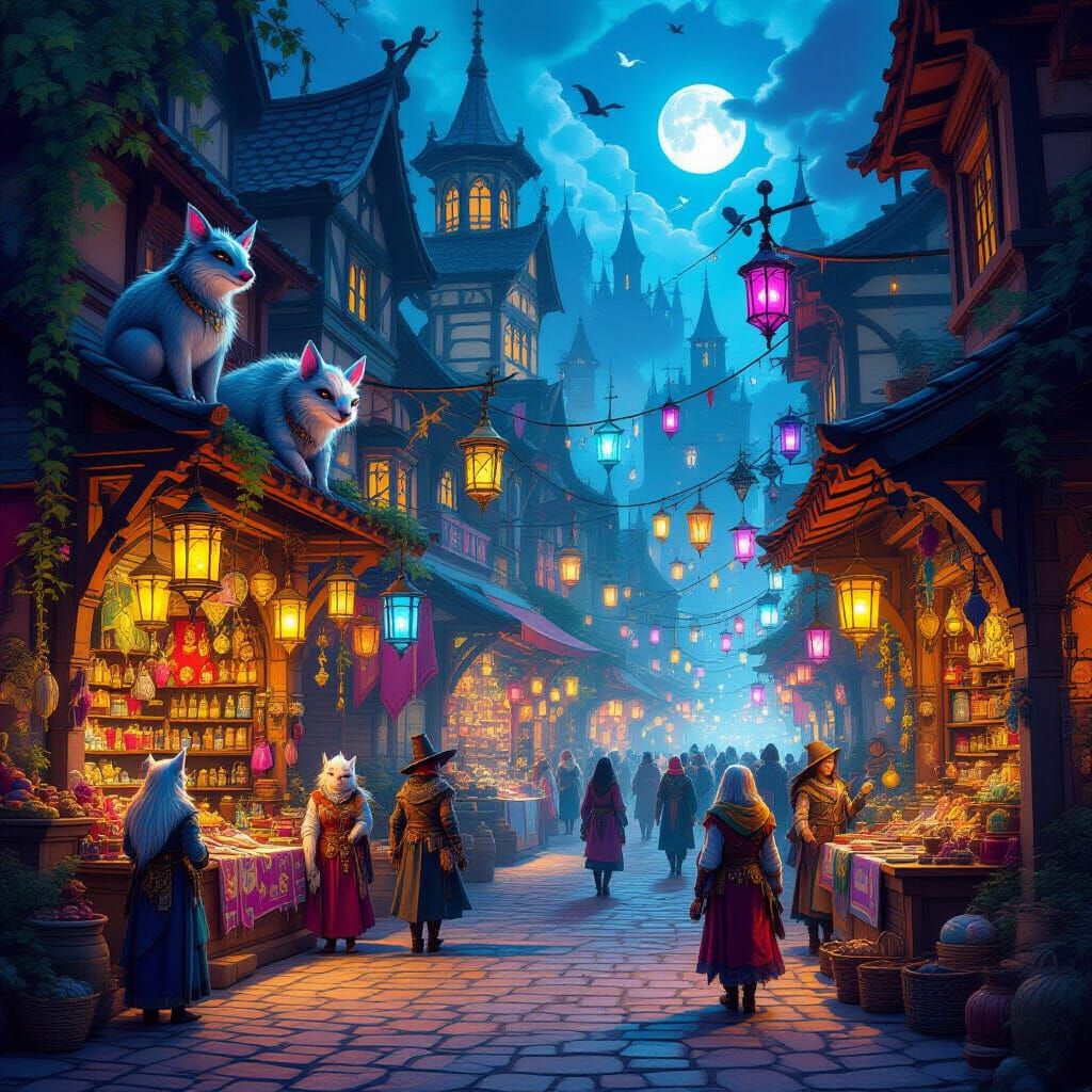 Magical Marketplace with Mythical Creatures and Enchanted It...