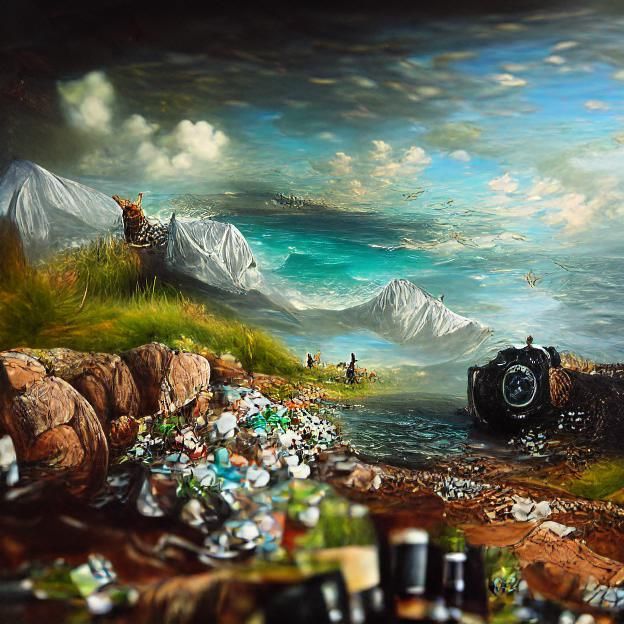 Trash-Filled Ocean Landscape as Oil Painting