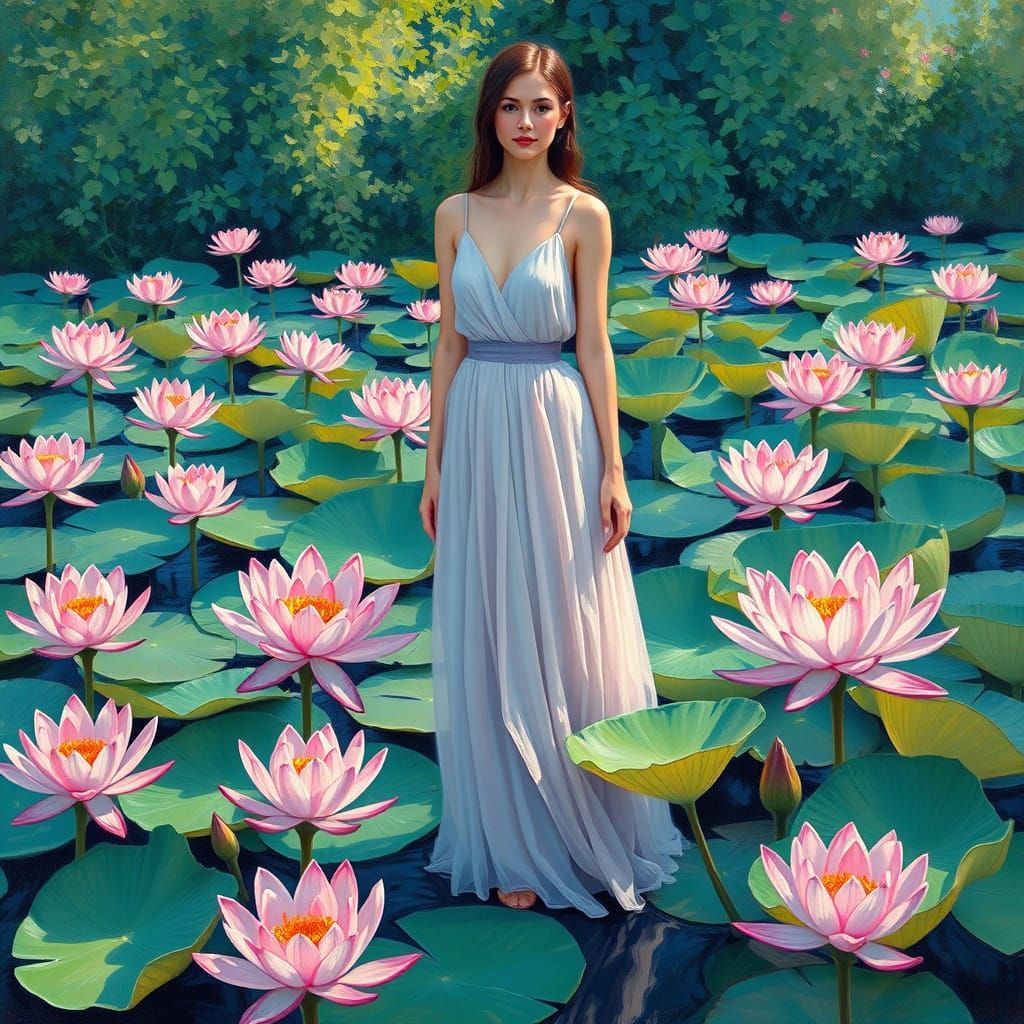 Impressionist Water Lilies with Woman in Van Gogh Style