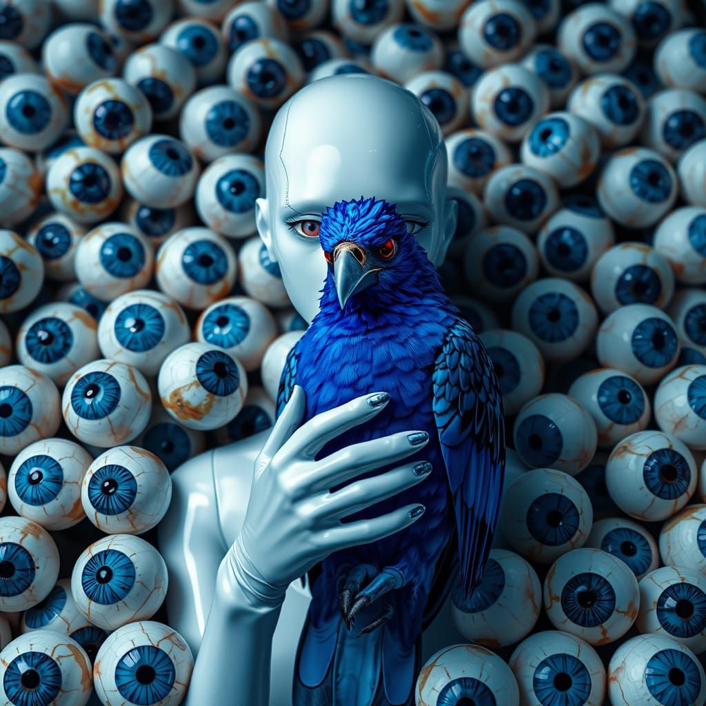 Futuristic Mannequin with Bird and Eyeballs