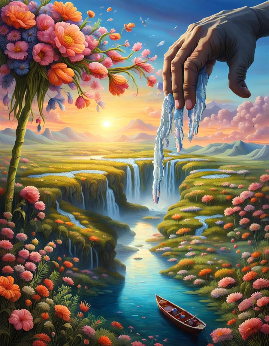 Surreal Giant Hand Landscape with Waterfall