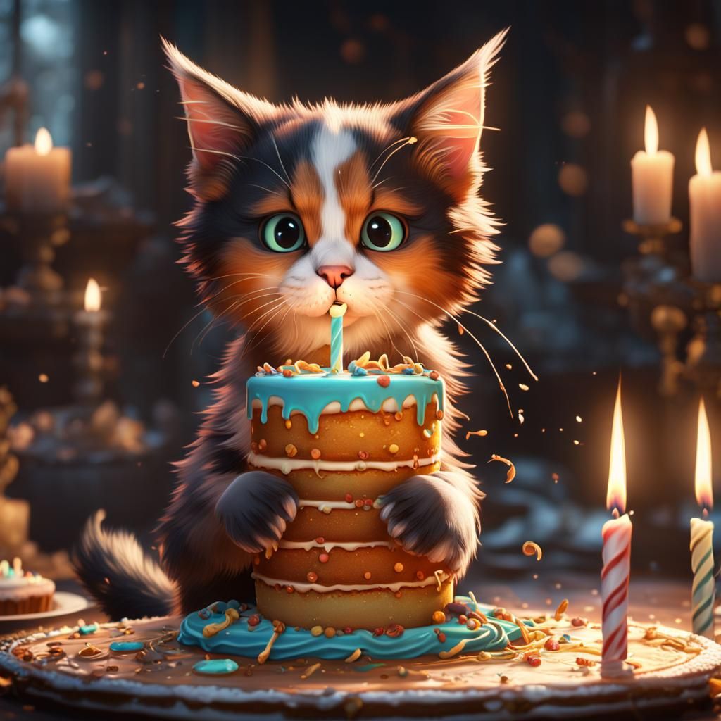 Calico Kitten Blowing Out Birthday Candles: Fantasy Art