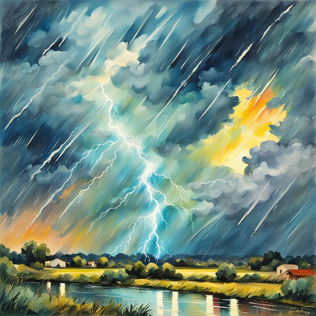 Stormy Sky with Lightning in Gouache Style