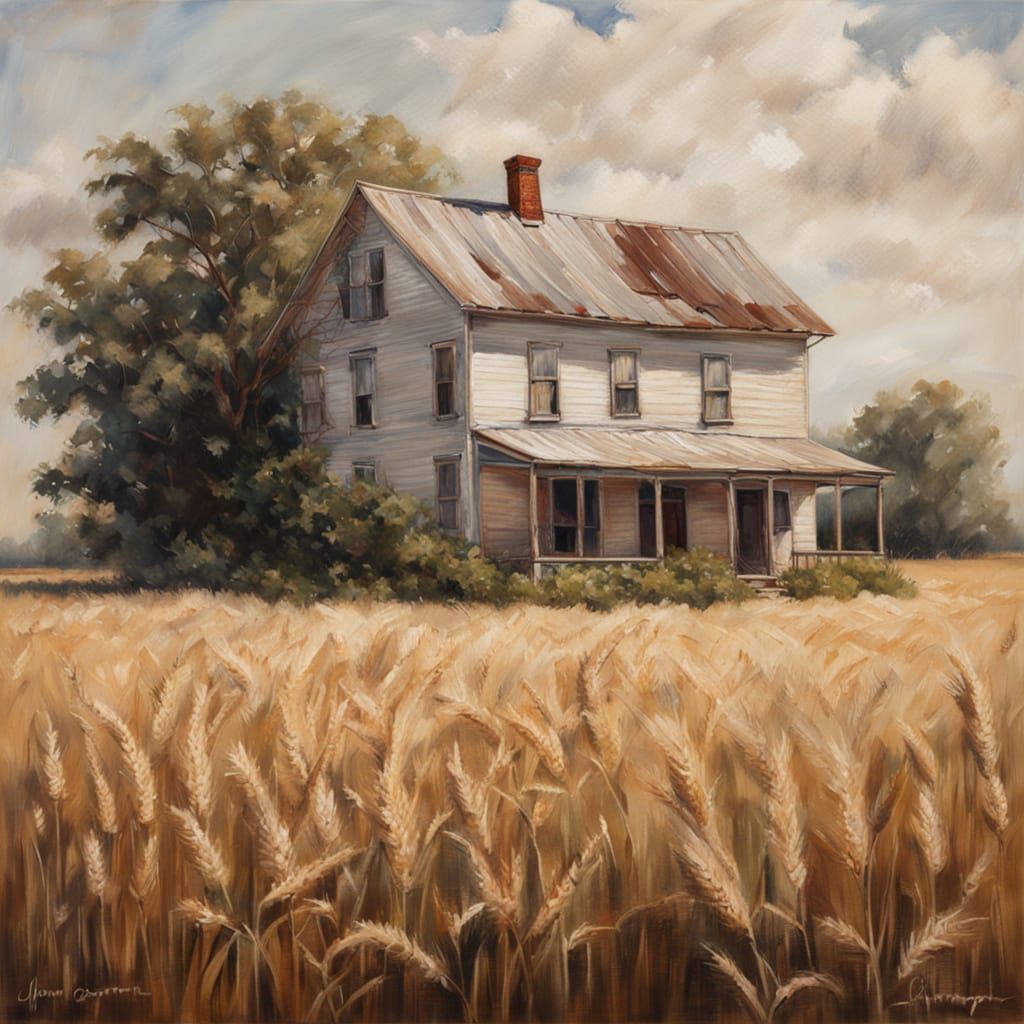 Farmhouse in Wheat Field: Impressionistic Oil Painting