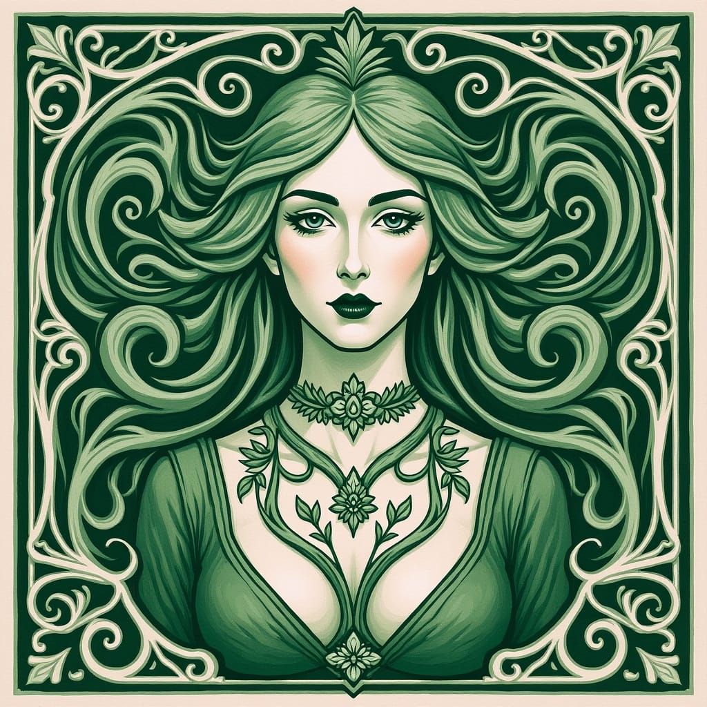 Art Nouveau Portrait of Woman Emerging from Botanical Explos...