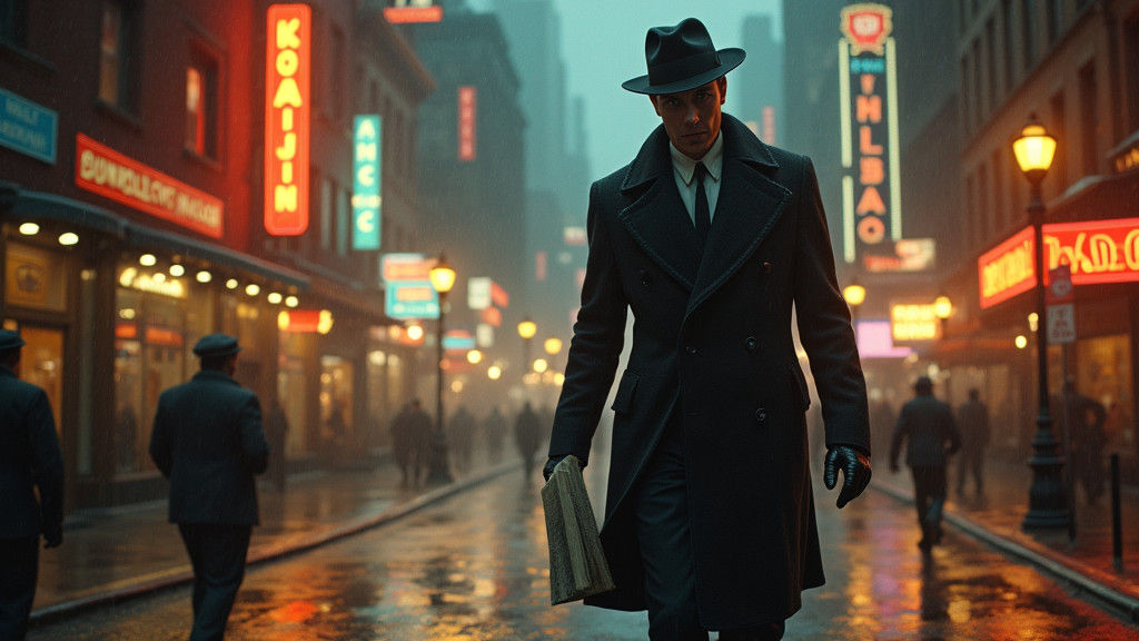 1930s Man in Rain-soaked Cityscape, Hyperrealistic Style