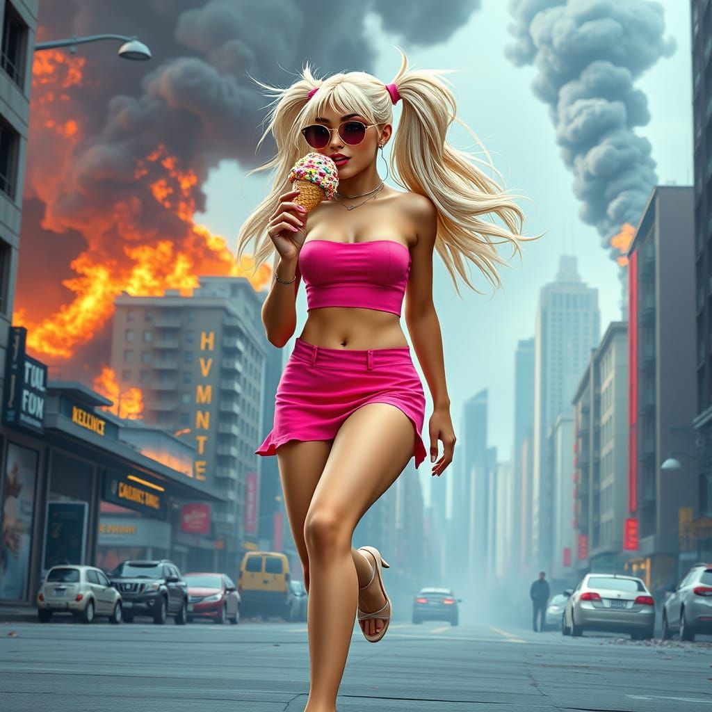 Glamorous Bimbo Ignored by Cityscape in Ruins