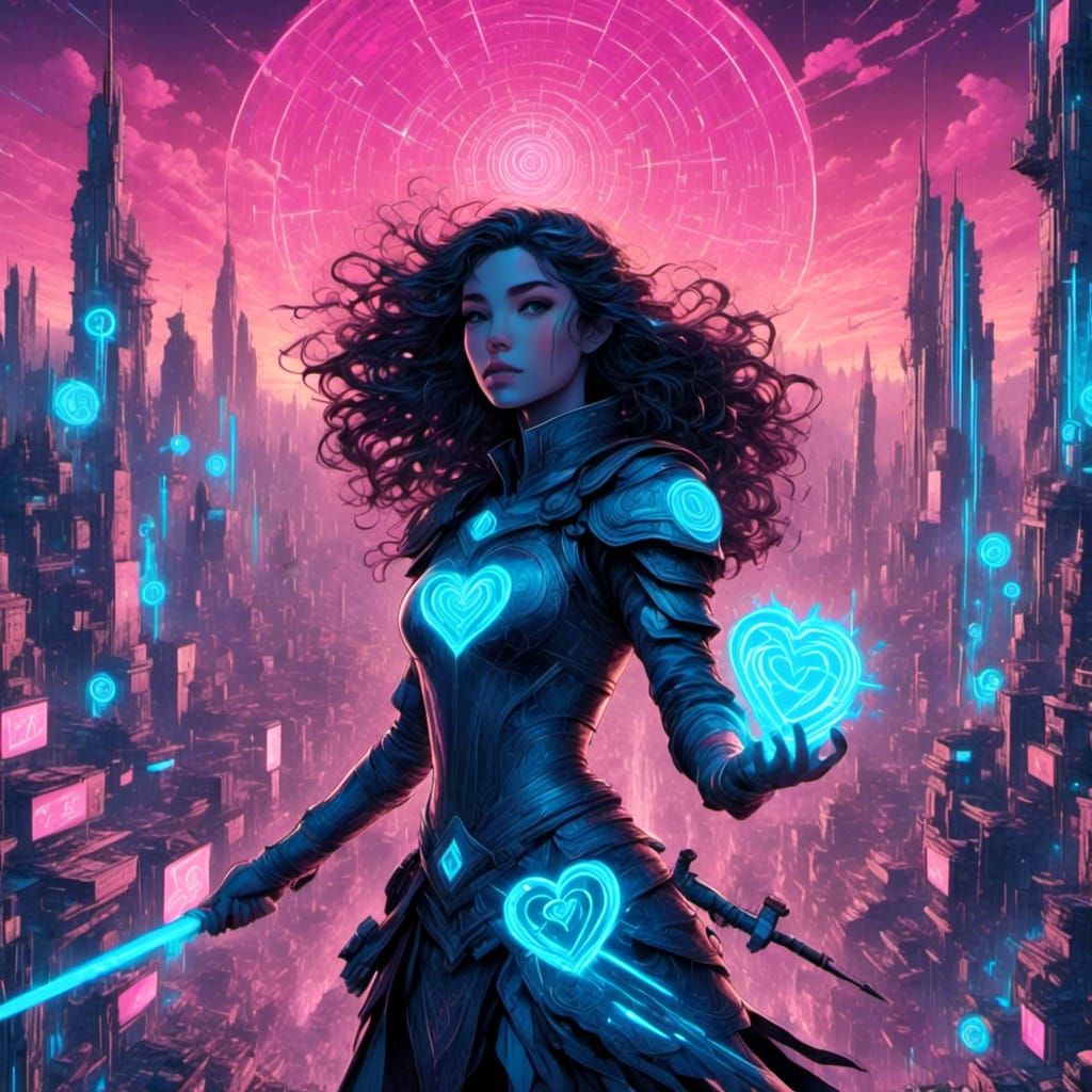 Princess in Cityscape with Neon Heart