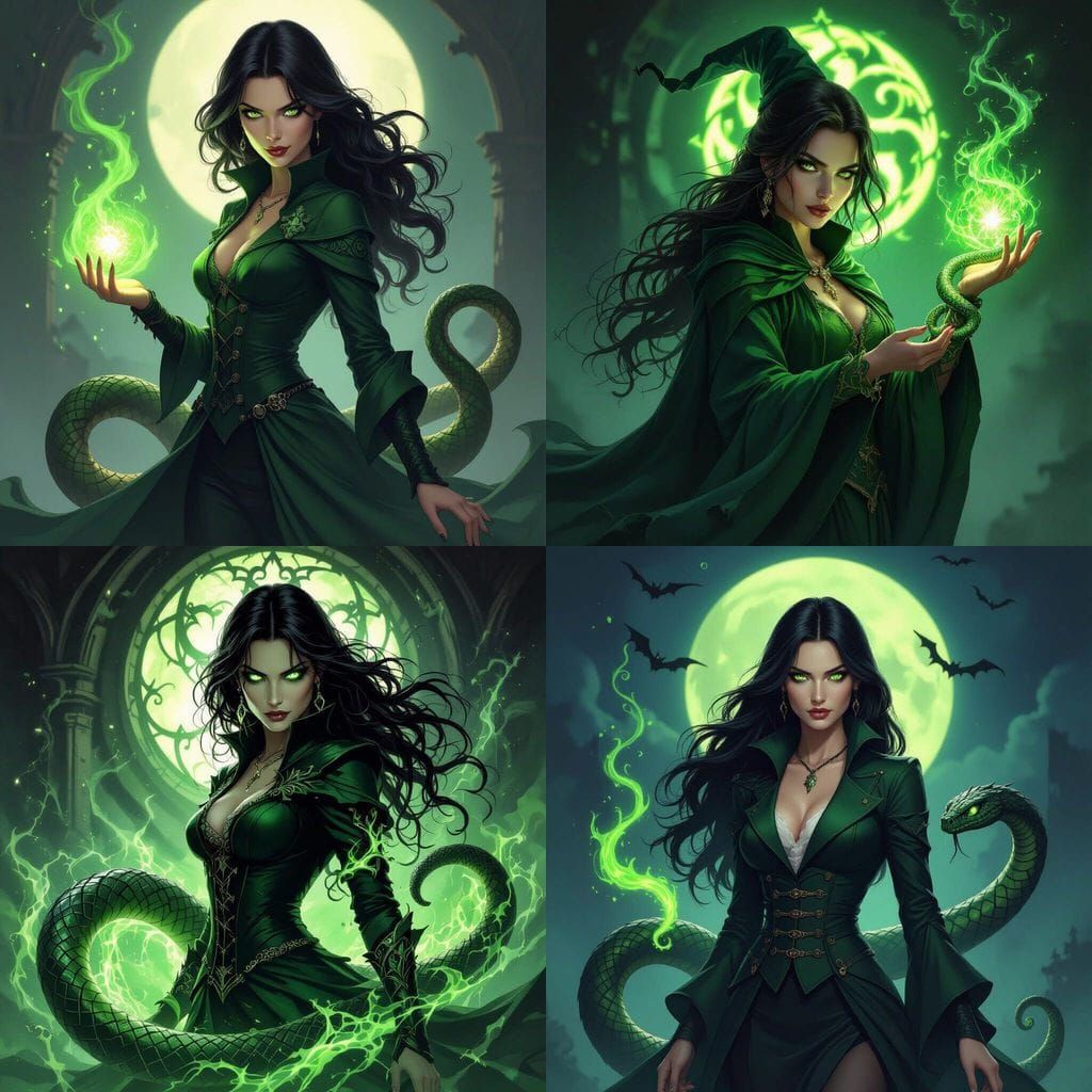 Powerful Slytherin Witch Casting Green Magic on Halloween