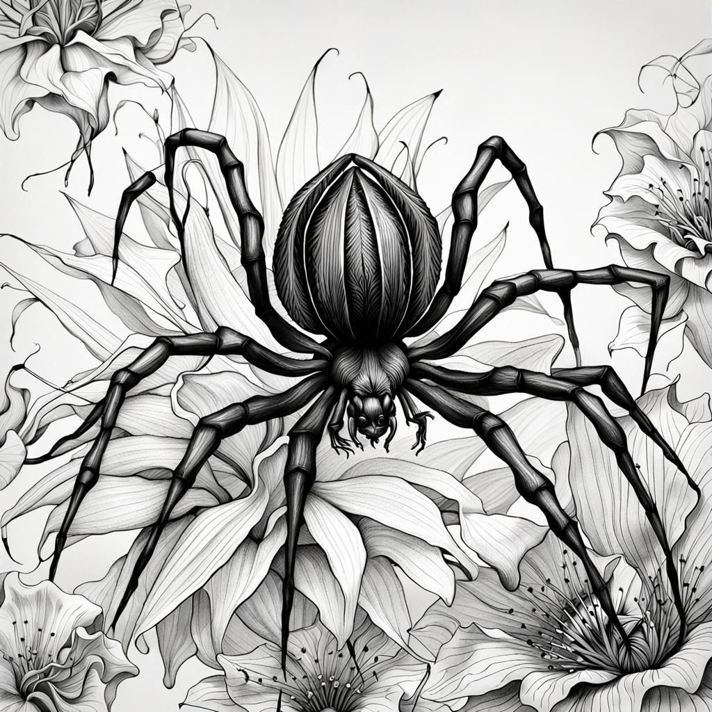 Botanical Ink Drawing of spider with the flowers