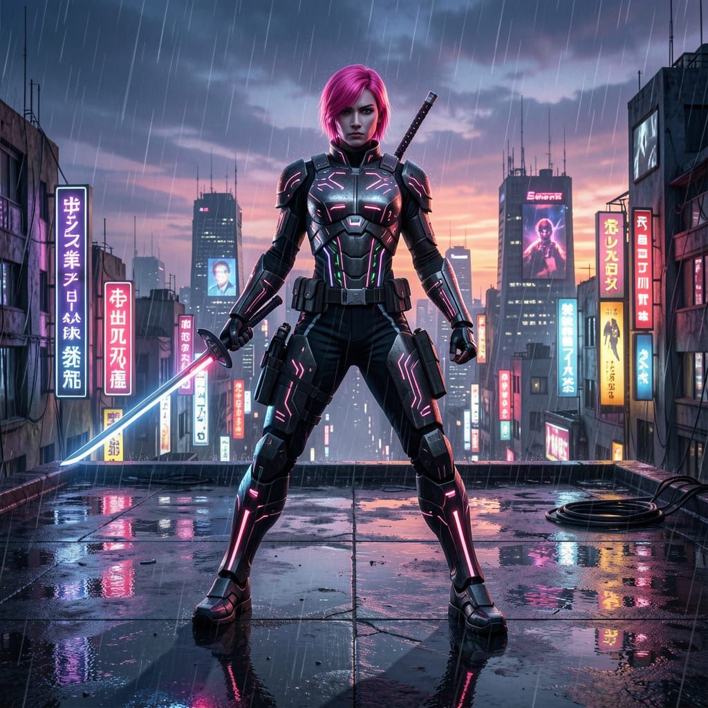 Cyberpunk Samurai Overlooking Neon City