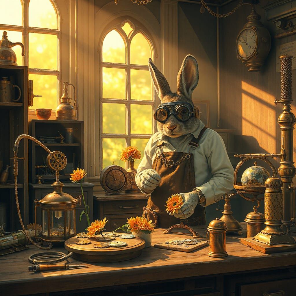 Steampunk Automaton Rabbit Tinkerer in Art Nouveau Workshop
