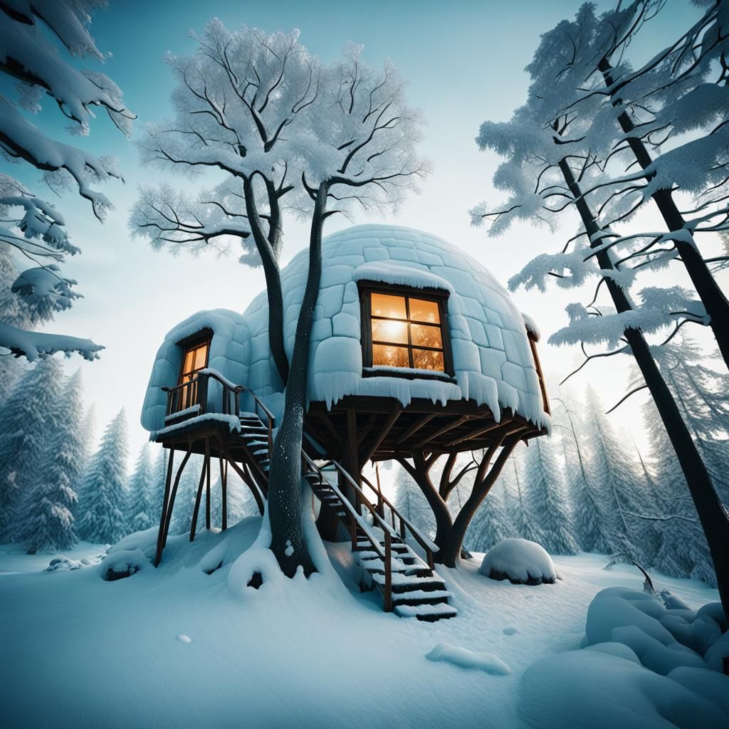 Winter Ice Igloo Treehouse: Cinematic Film Still