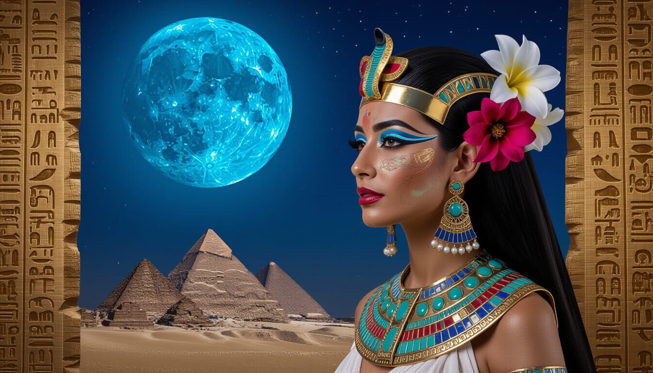 Futuristic Egyptian Queen Under Super-Moon in Macro Photo