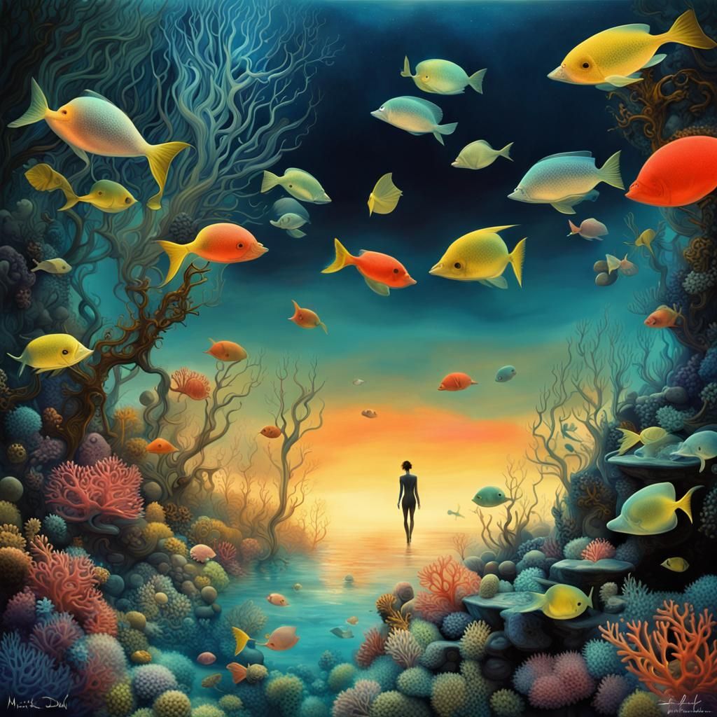 Bioluminescent Coral Reef in Surreal Fragmented Style
