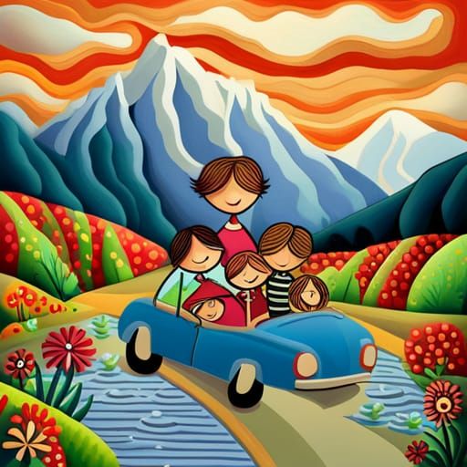 Family Picnic Outing in Naive Modern Style