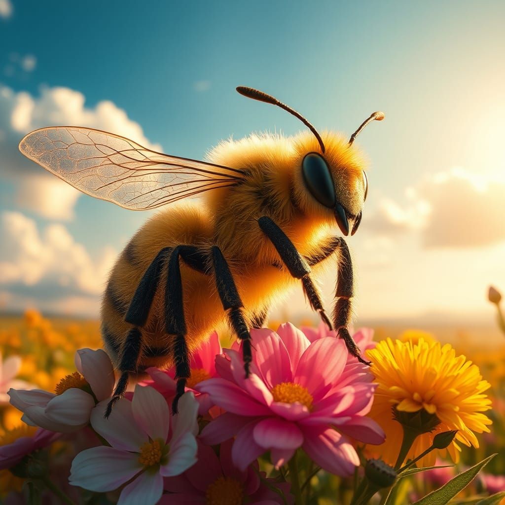 Majestic Queen Bee in a Sunny Meadow