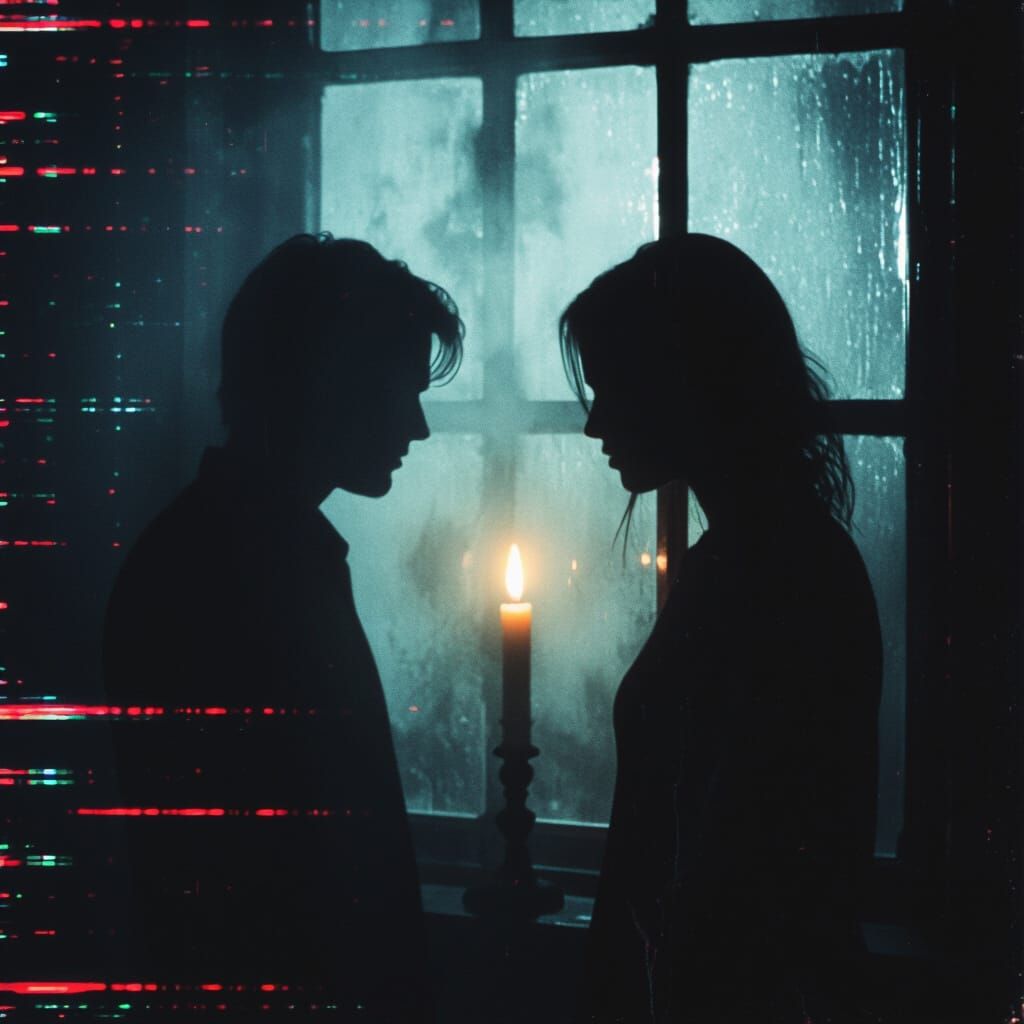 Eerie Silhouette in Misty Candlelit Room: VHS Glitch Art
