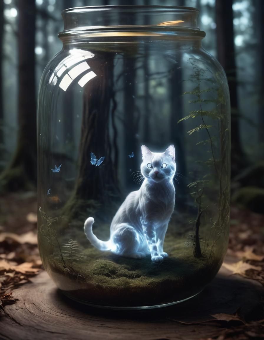 Floating Cat Ghost in Jar, Forest at Night