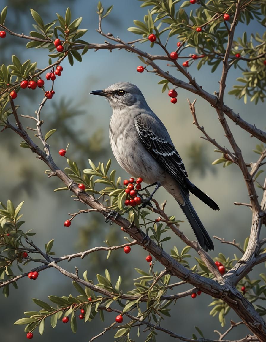 Mockingbird Perched Eating Mistletoe Berries, Detailed Matte...