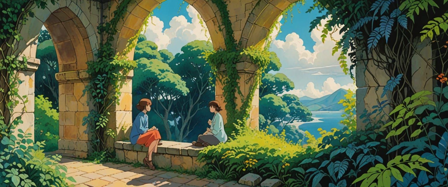 Whimsical Comic Book Scene with Arches and Vines