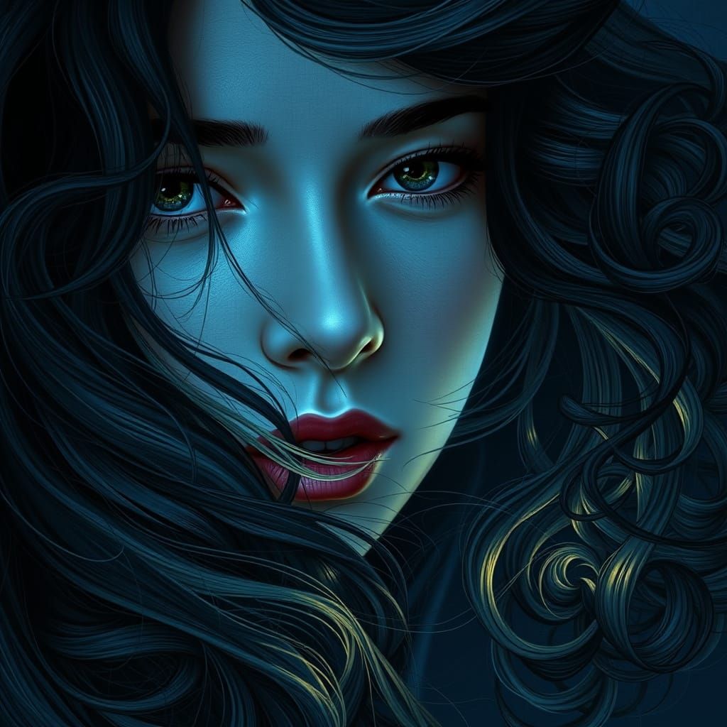 Ethereal Woman in Close-Up, Swirling Hair Under Blue Moon Gl...