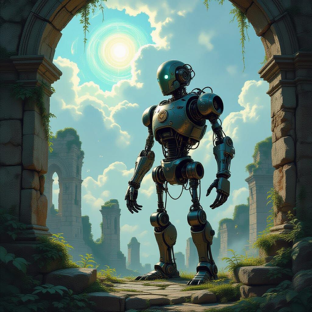 Automaton in Ancient Ruins with Arcane Energy Sky