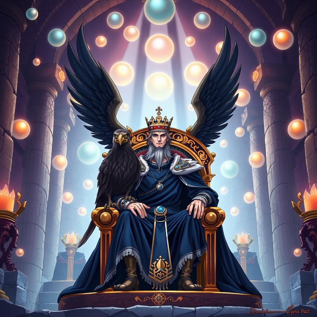 Regal King on Throne with Griffin, Manga Scan Style
